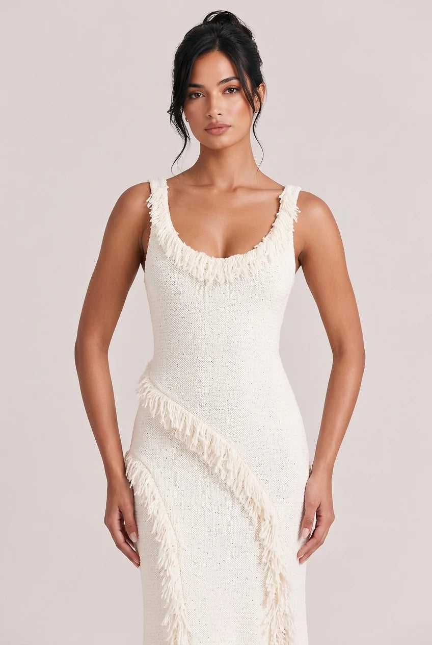 Tweed Knit Scoop Neck Sleeveless Fringe Trim Slit Maxi Dress [erp-image:87c4fc7f37ab1fa1c8edd5e4]