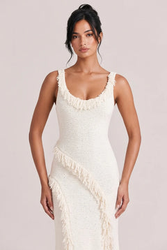 Tweed Knit Scoop Neck Sleeveless Fringe Trim Slit Maxi Dress [erp-image:87c4fc7f37ab1fa1c8edd5e4]
