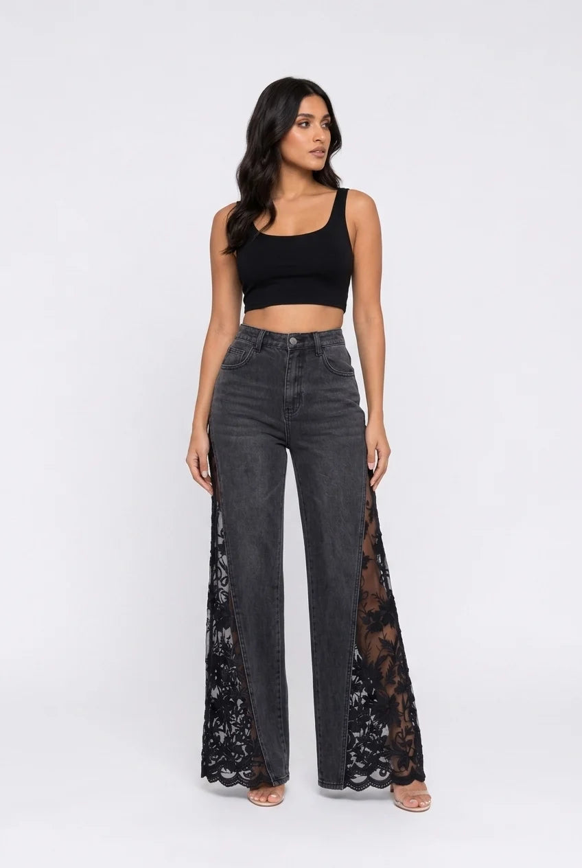 Women's Black High Rise Flare Jeans with Sheer Floral Lace Panels [erp-image:c1633ecb2c638399d63615b2]