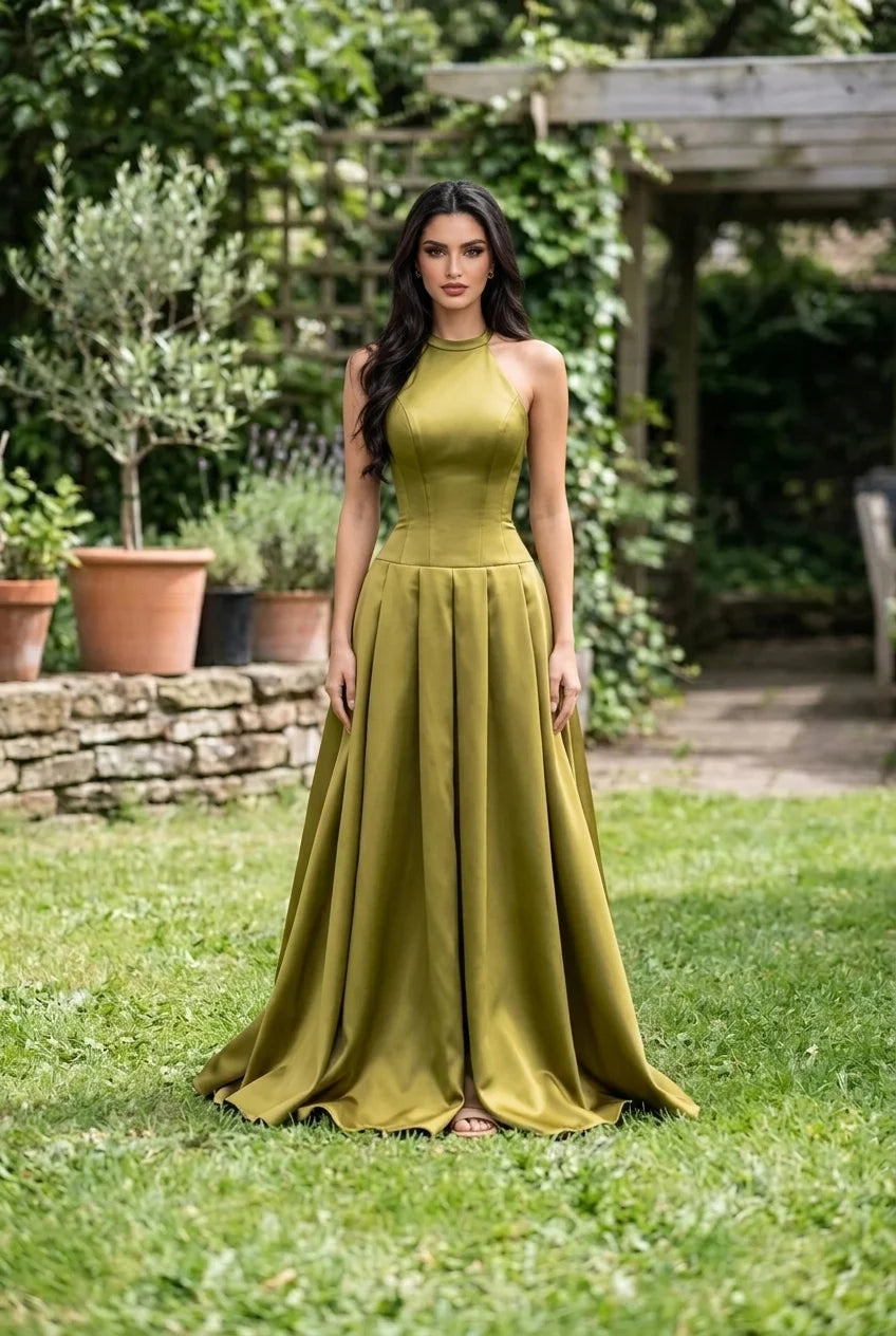 Olive Green Satin Halter Neck Drop Waist Pleated Formal Gown Maxi Dress [erp-image:1ccc6a5858e98bd00eb8c5ad]