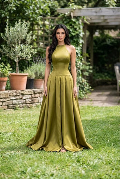 Olive Green Satin Halter Neck Drop Waist Pleated Formal Gown Maxi Dress [erp-image:1ccc6a5858e98bd00eb8c5ad]