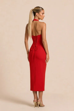 Red Lace Halter Plunge Neck Sleeveless Bodycon Midi Dress [erp-image:6e59b1c65ef9e2a07ac057d6]