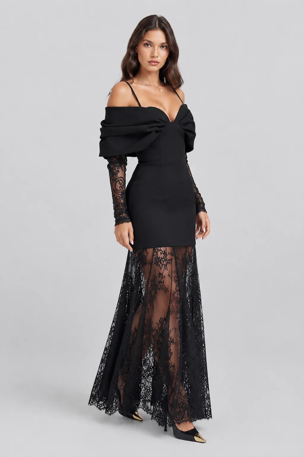 Women Black Cold Shoulder Bow Mini Dress and Sheer Lace Maxi Skirt Two Piece Set [erp-image:fbdca635c1f406a0272164f6]