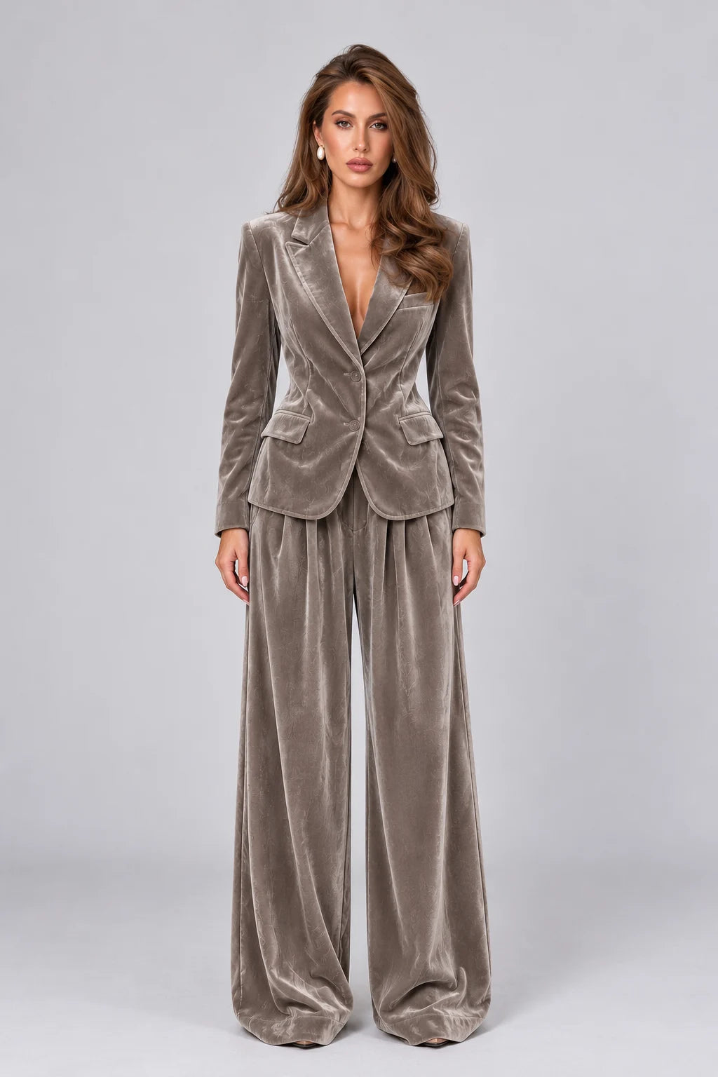 Women's Velvet Notch Lapel Blazer and Wide Leg Trousers Two Piece Suit Set [erp-image:a962463e43c2291ecbae0917]