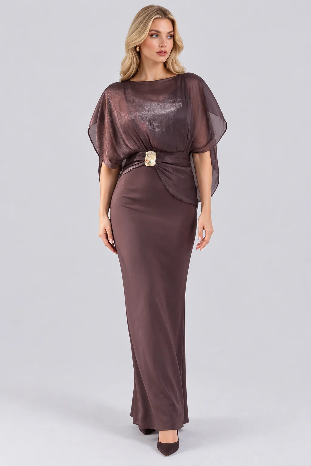 Shimmer Cape Sleeve Column Maxi Dress with Gold Buckle Accent [erp-image:813523b7cf6cf36ae84c027e]