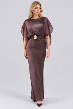 Shimmer Cape Sleeve Column Maxi Dress with Gold Buckle Accent [erp-image:813523b7cf6cf36ae84c027e]