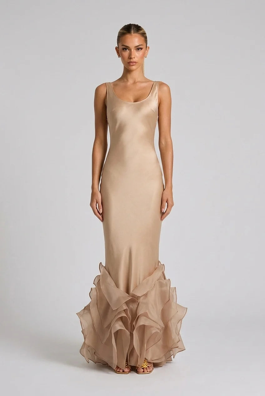 Champagne Satin Sleeveless Scoop Neck Ruffle Mermaid Maxi Evening Dress [erp-image:dd8ef9ad83588447f860fd90]