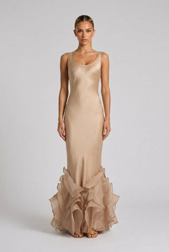 Champagne Satin Sleeveless Scoop Neck Ruffle Mermaid Maxi Evening Dress [erp-image:dd8ef9ad83588447f860fd90]