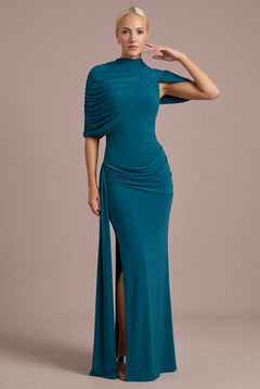 High Neck Draped Cape Asymmetric Ruched Maxi Dress with Slit [erp-image:9c22ec83766f60c927b7bc66]