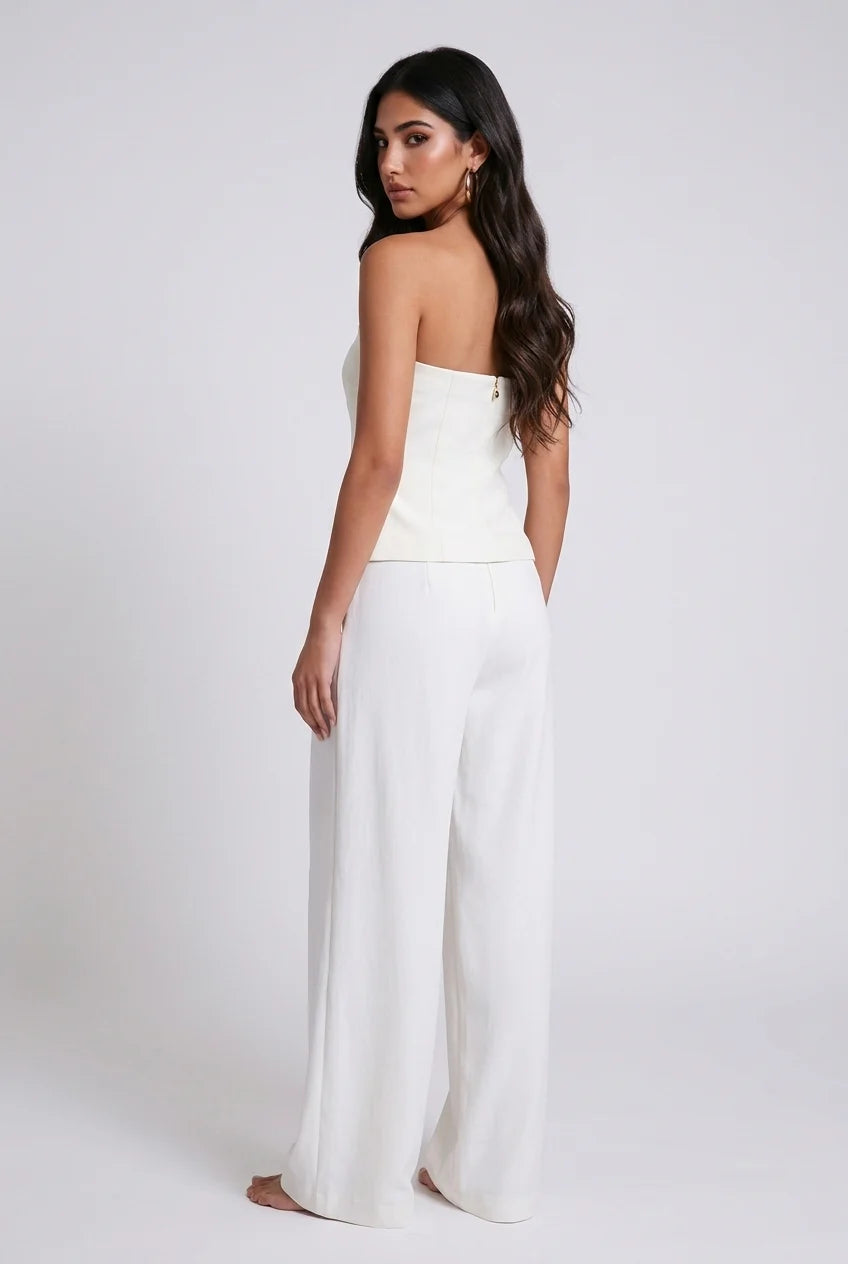 White Strapless Button Front Vest and Pleated Wide Leg Pants Two Piece Set [erp-image:d67a880e7868f00aaeae6432]