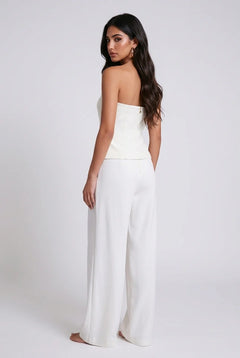 White Strapless Button Front Vest and Pleated Wide Leg Pants Two Piece Set [erp-image:d67a880e7868f00aaeae6432]