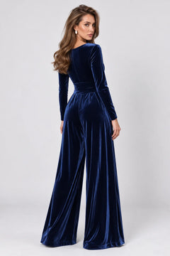 Navy Blue Velvet Wrap V-Neck Wide Leg Long Sleeve Jumpsuit [erp-image:a30be2fab50ba64454eb7adc]