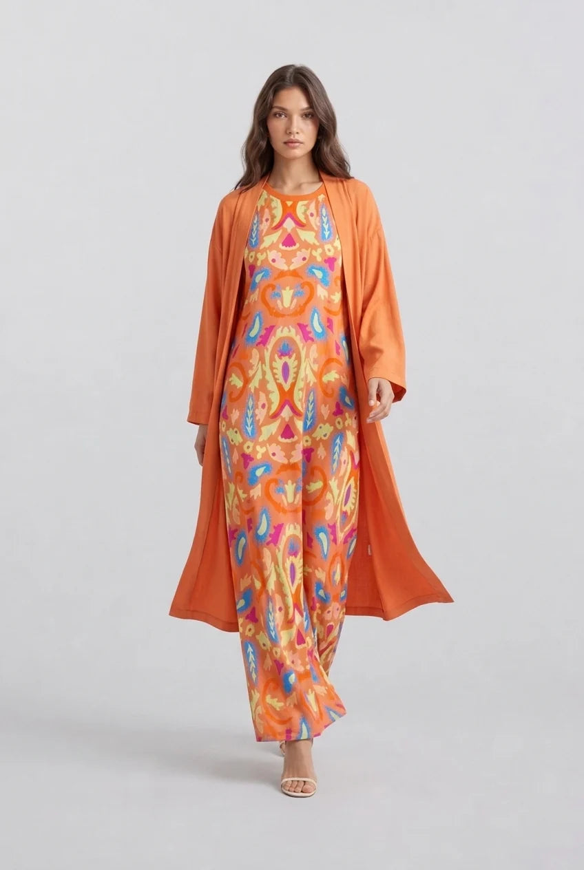 Women's Orange Boho Print Sleeveless Maxi Dress and Long Cardigan Two Piece Outfit Set [erp-image:304a9bdcf5edd47461dcf72b]
