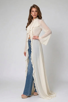Ivory Ruffle Trim High Neck Sheer Chiffon Maxi Blouse Duster Top [erp-image:3f40d2b3640bb16958fd72a9]