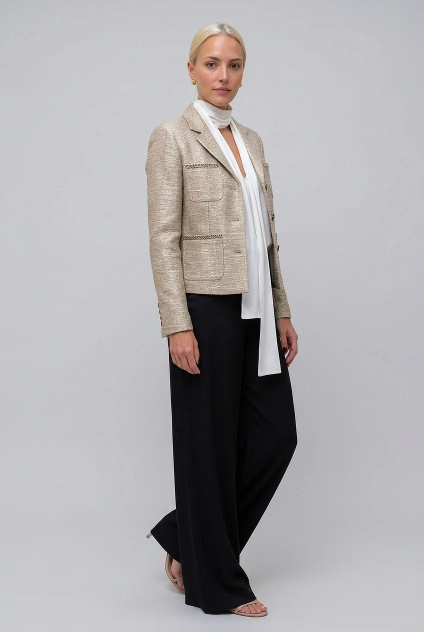 Women's Metallic Textured Tweed Blazer Jacket with Notched Lapel and Pockets [erp-image:5a5e63dd917293b0989a3c40]