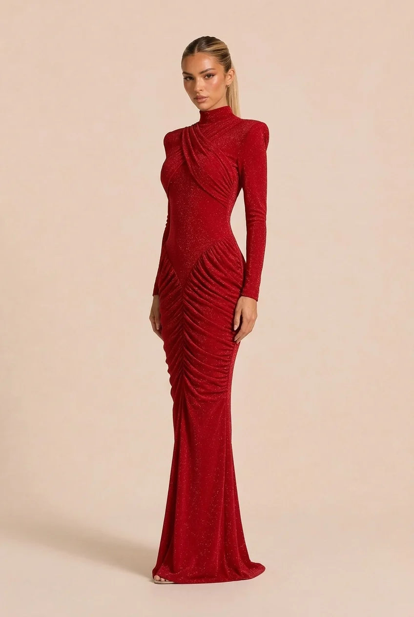 Red Glitter High Neck Ruched Long Sleeve Maxi Evening Dress with Shoulder Pads [erp-image:ffe78bf2a45d59ffe845cee2]