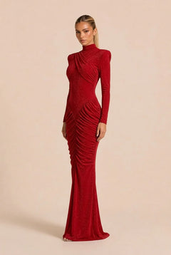 Red Glitter High Neck Ruched Long Sleeve Maxi Evening Dress with Shoulder Pads [erp-image:ffe78bf2a45d59ffe845cee2]