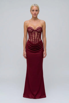 Burgundy Strapless Lace Corset Draped Bodice Floor Length Evening Maxi Dress [erp-image:89c86eca6f6b7ecad60a7157]