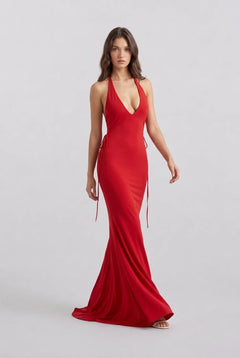 Deep V Neck Halter Sleeveless Floor Length Red Formal Evening Maxi Dress [erp-image:4e8da6be8cc8490bee0978bb]