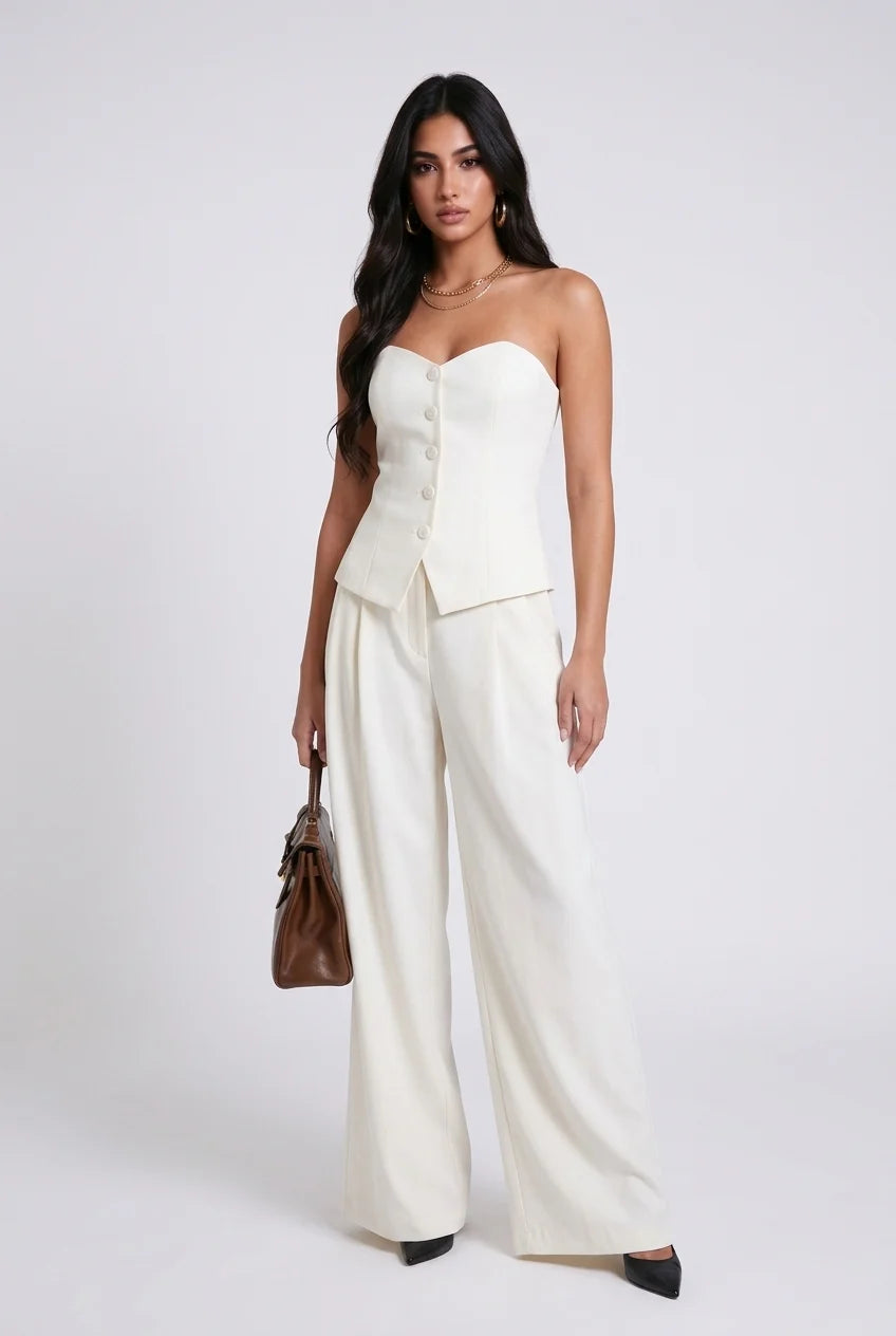White Strapless Button Front Vest and Pleated Wide Leg Pants Two Piece Set [erp-image:c5423d4bd1299650e6659181]