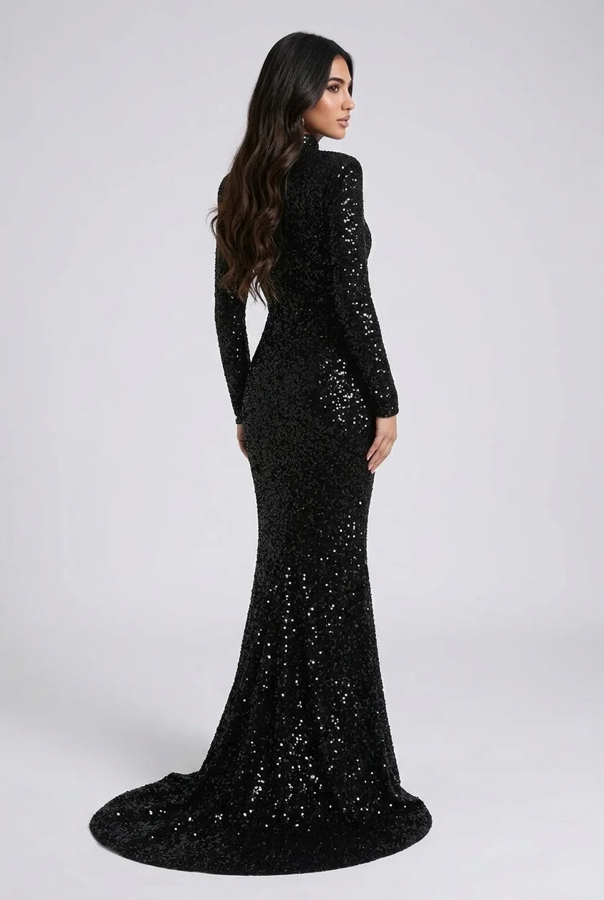 Black Sequin High Neck Long Sleeve Mermaid Maxi Evening Dress [erp-image:5005e41ea61d4cbdd7d873a6]