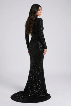 Black Sequin High Neck Long Sleeve Mermaid Maxi Evening Dress [erp-image:5005e41ea61d4cbdd7d873a6]