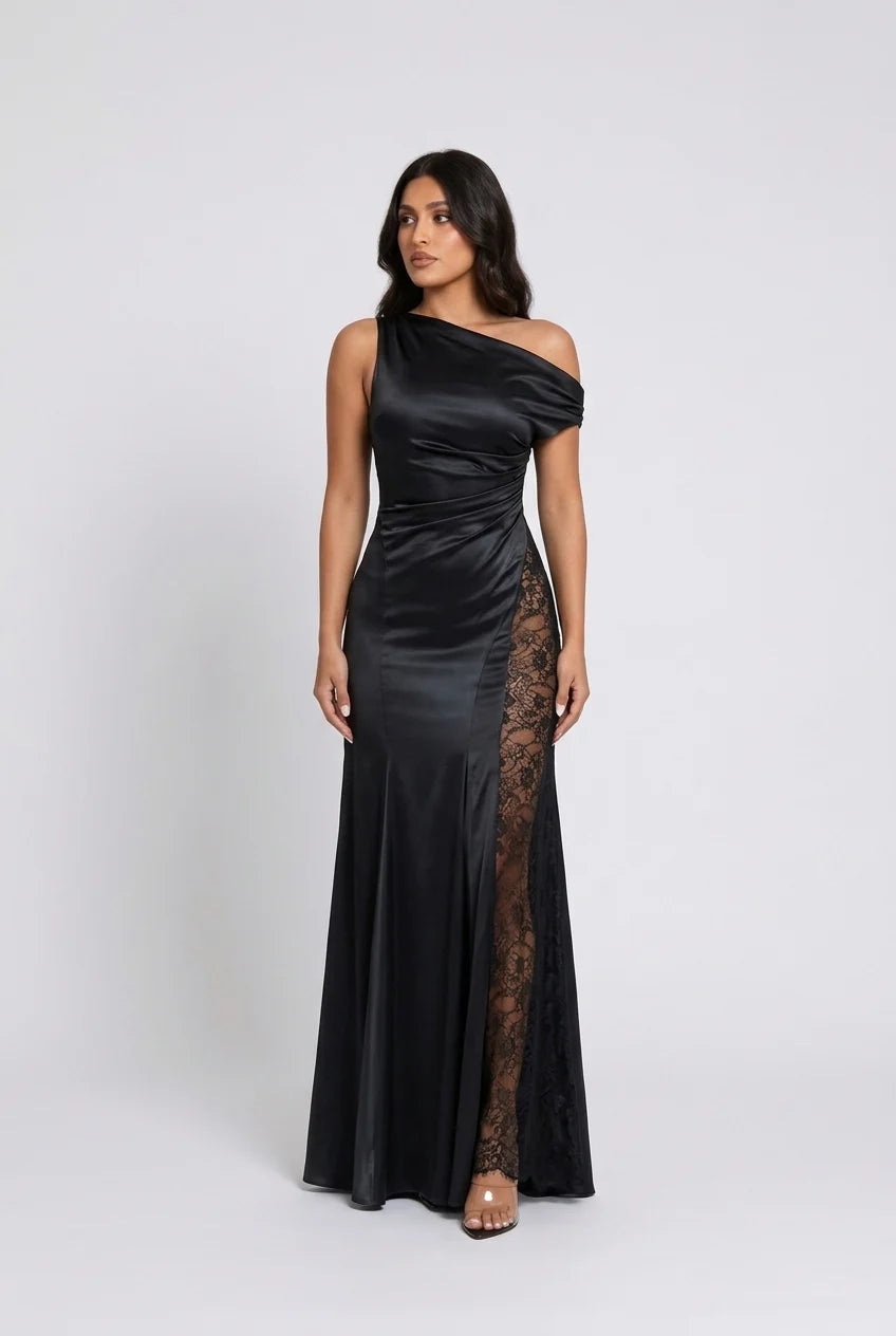 Women's One Shoulder Black Satin Maxi Dress with Sheer Lace Insert Panel [erp-image:82d6692ccc61e38ea7f68f2c]