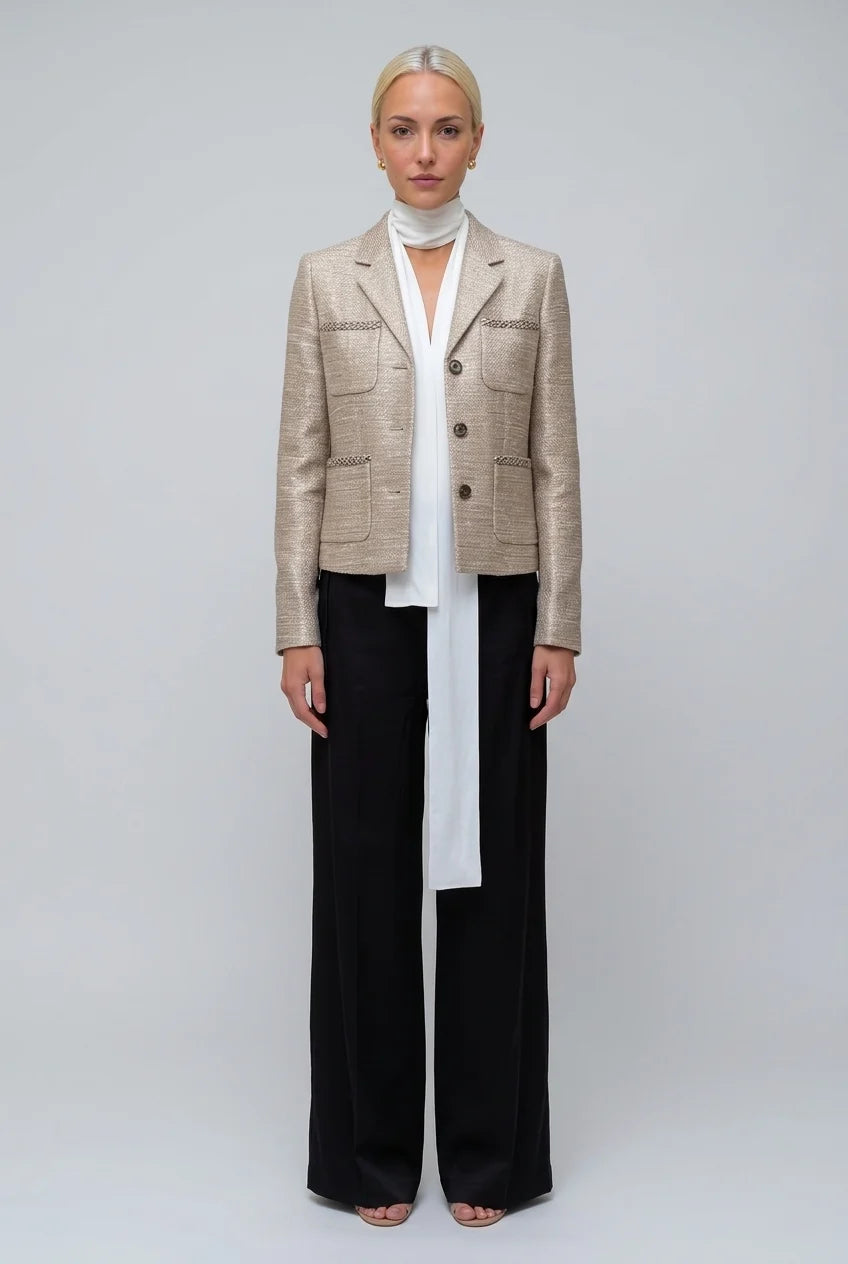Women's Metallic Textured Tweed Blazer Jacket with Notched Lapel and Pockets [erp-image:cf35511457538bda54454ec3]