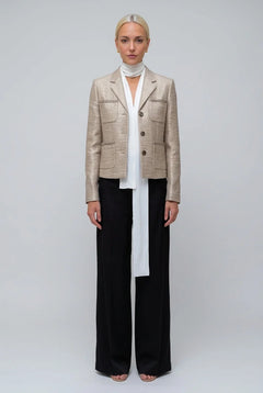 Women's Metallic Textured Tweed Blazer Jacket with Notched Lapel and Pockets [erp-image:cf35511457538bda54454ec3]