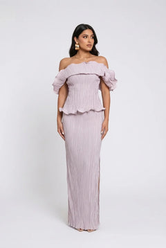 Plissé Pleated Off Shoulder Peplum Column Maxi Dress for Wedding Guests [erp-image:47adc3ae1b26b22d59f6342a]