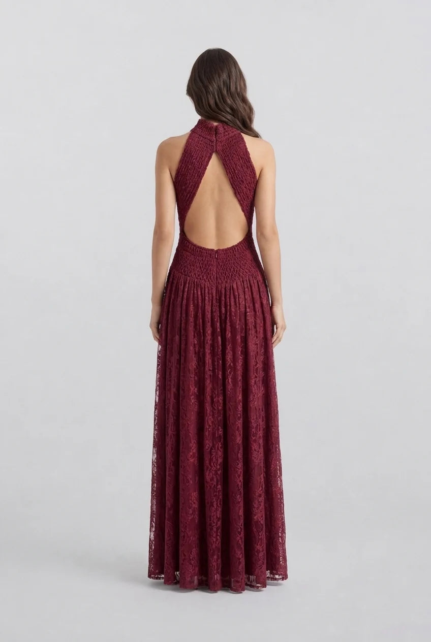 Burgundy Halter High Neck Pleated Mesh Sleeveless Maxi Evening Dress [erp-image:6879c1fde25853d4389d820b]
