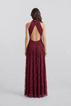 Burgundy Halter High Neck Pleated Mesh Sleeveless Maxi Evening Dress [erp-image:6879c1fde25853d4389d820b]