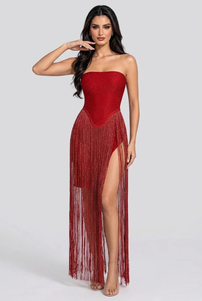 Red Strapless Bandeau Fringe Tassel Maxi Evening Dress [erp-image:16a12589dc18fd1859aaf1e2]