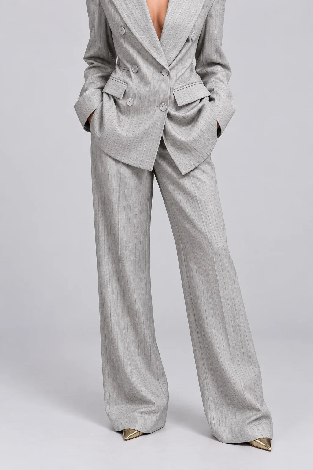 Grey Pinstripe Double-Breasted Blazer and Wide-Leg Pants Two-Piece Suit Set [erp-image:5413fbdf88f17f9ecdf3d5e5]