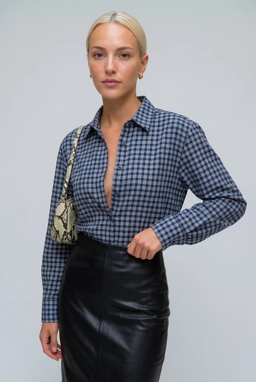 Plaid Long Sleeve Button-Down Shirt and Black Faux Leather Maxi Skirt Two Piece Set [erp-image:cc76d20e7c8b6771a35a8eab]