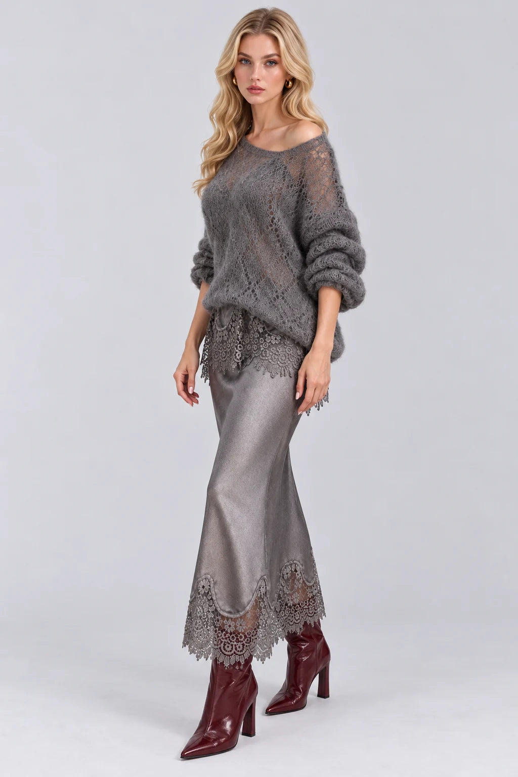 Open Knit Sweater and Lace Trim Satin Midi Skirt Set [erp-image:b23047f930ebbfba40b90a2c]