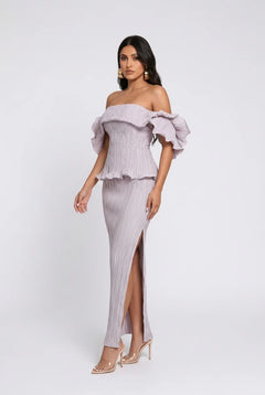 Plissé Pleated Off Shoulder Peplum Column Maxi Dress for Wedding Guests [erp-image:9e57deb45af814a3516dbb97]