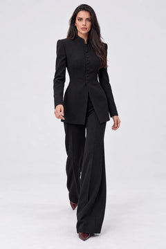 Black Mandarin Collar Tailored Blazer and Wide Leg Pants Two Piece Set [erp-image:540ac7890531fdd9e5700b3d]