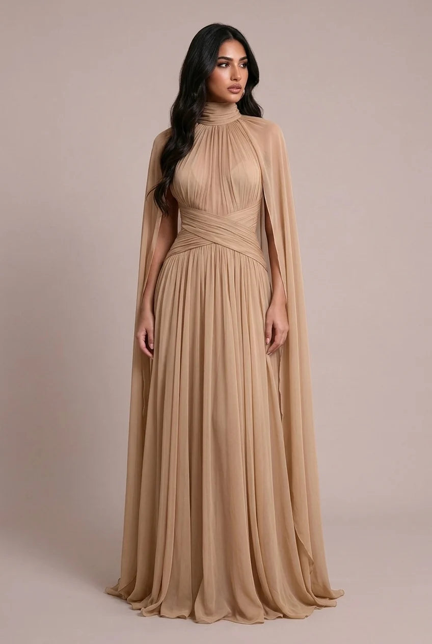 High Neck Pleated Cape Sleeve Chiffon Maxi Evening Dress [erp-image:475752fee270adb54c01d729]