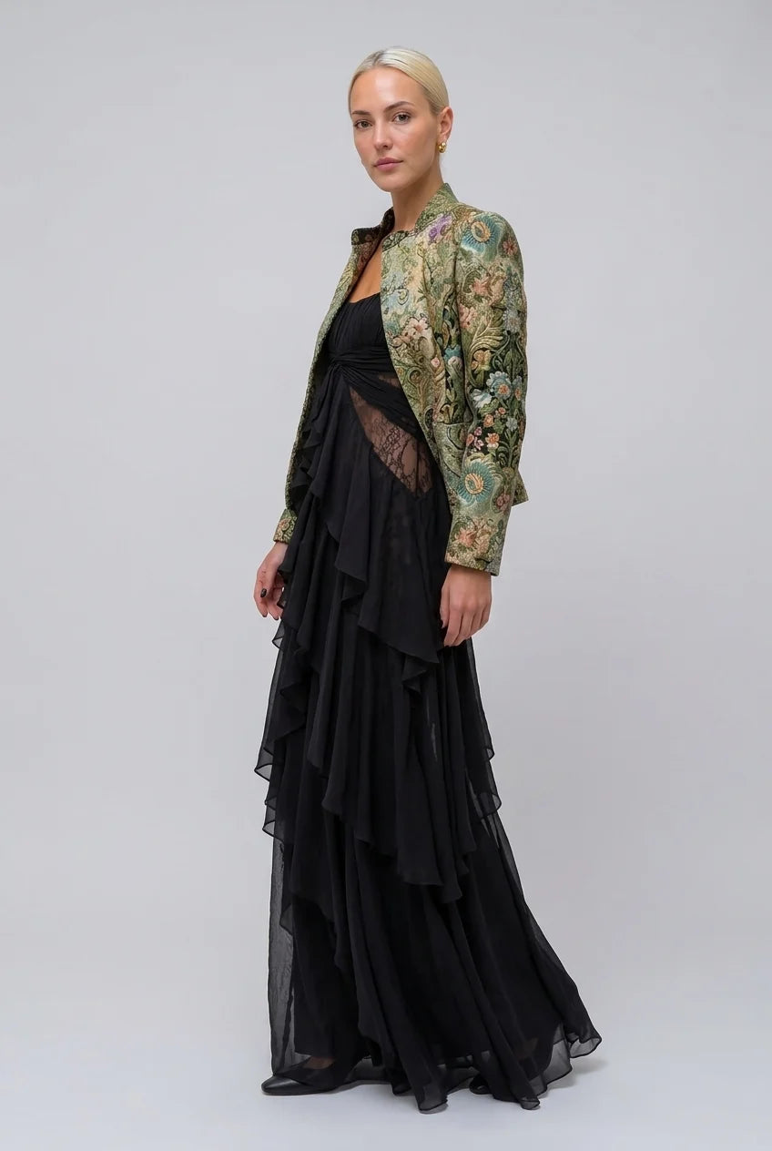 Vintage Brocade Cropped Jacket and Ruffle Maxi Dress Two Piece Set [erp-image:f51302f108495870873b57b0]