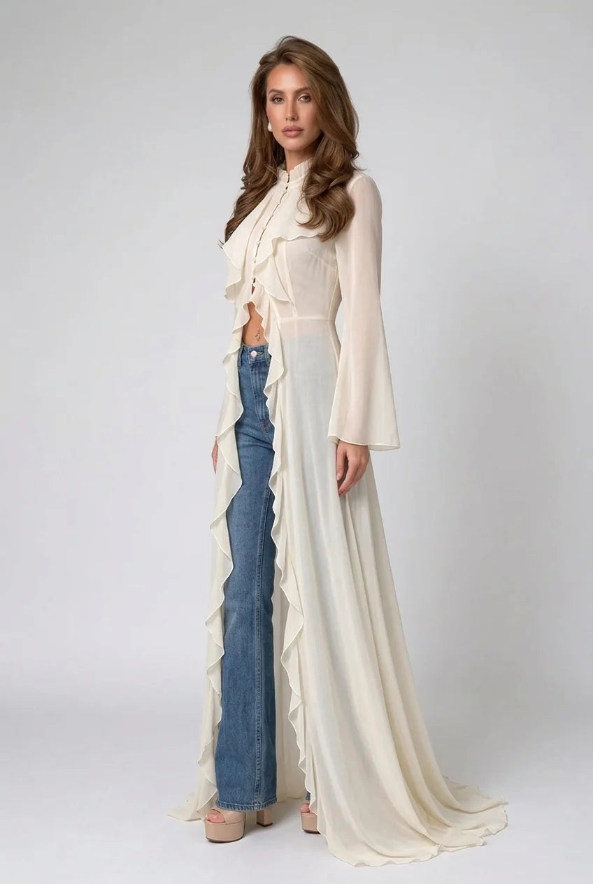 Ivory Ruffle Trim High Neck Sheer Chiffon Maxi Blouse Duster Top [erp-image:610ad39805b6afa97bd37b04]