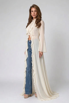 Ivory Ruffle Trim High Neck Sheer Chiffon Maxi Blouse Duster Top [erp-image:610ad39805b6afa97bd37b04]