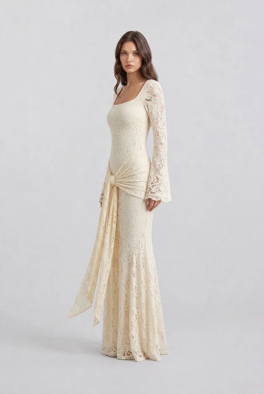 Butter Yellow Floral Lace Long Sleeve Maxi Dress with Draped Waist Sash [erp-image:814634bc9e7b8e8febaf30e1]