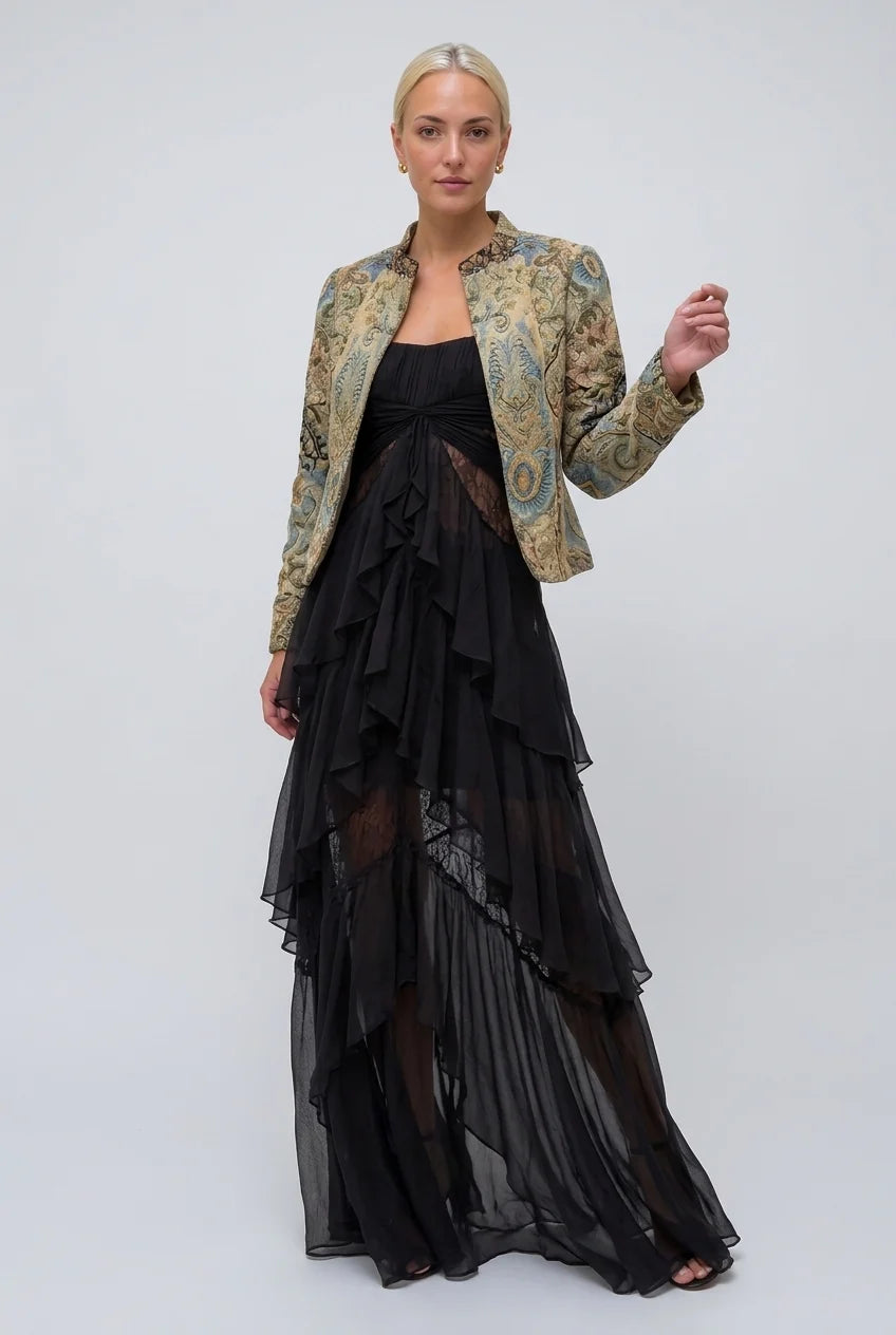 Vintage Brocade Cropped Jacket and Ruffle Maxi Dress Two Piece Set [erp-image:85bbbd4c6a7ddd07960d5a0b]