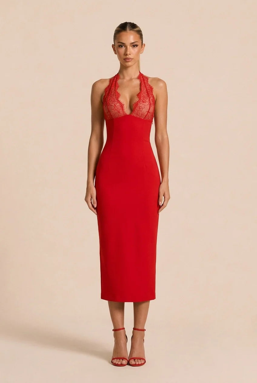 Red Lace Halter Plunge Neck Sleeveless Bodycon Midi Dress [erp-image:221a802f30e9461a58ae59f8]