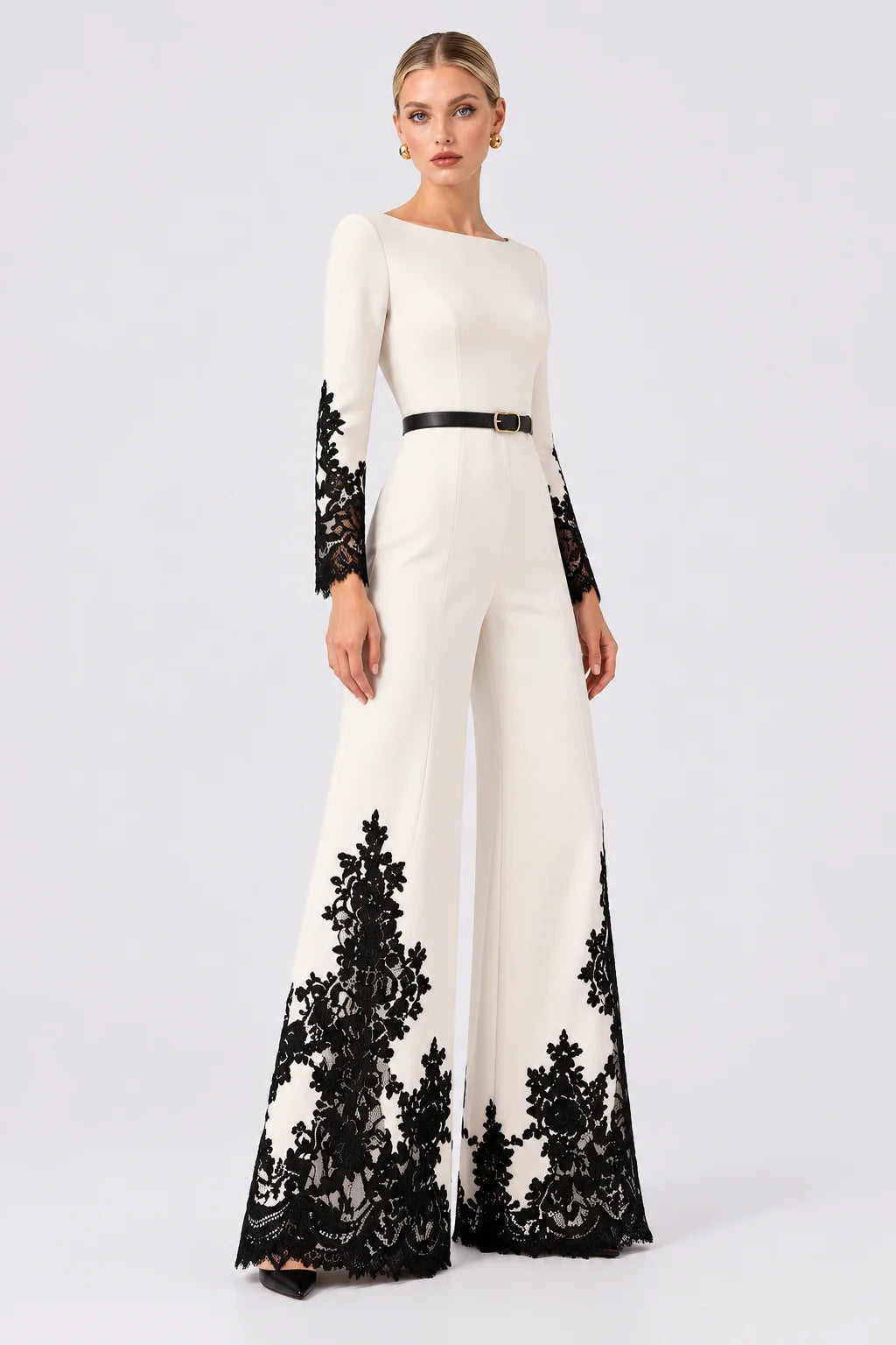 Elegant Long Sleeve Wide Leg Jumpsuit with Contrast Lace Trim [erp-image:d34b3623bcb5eeace97ac2e4]