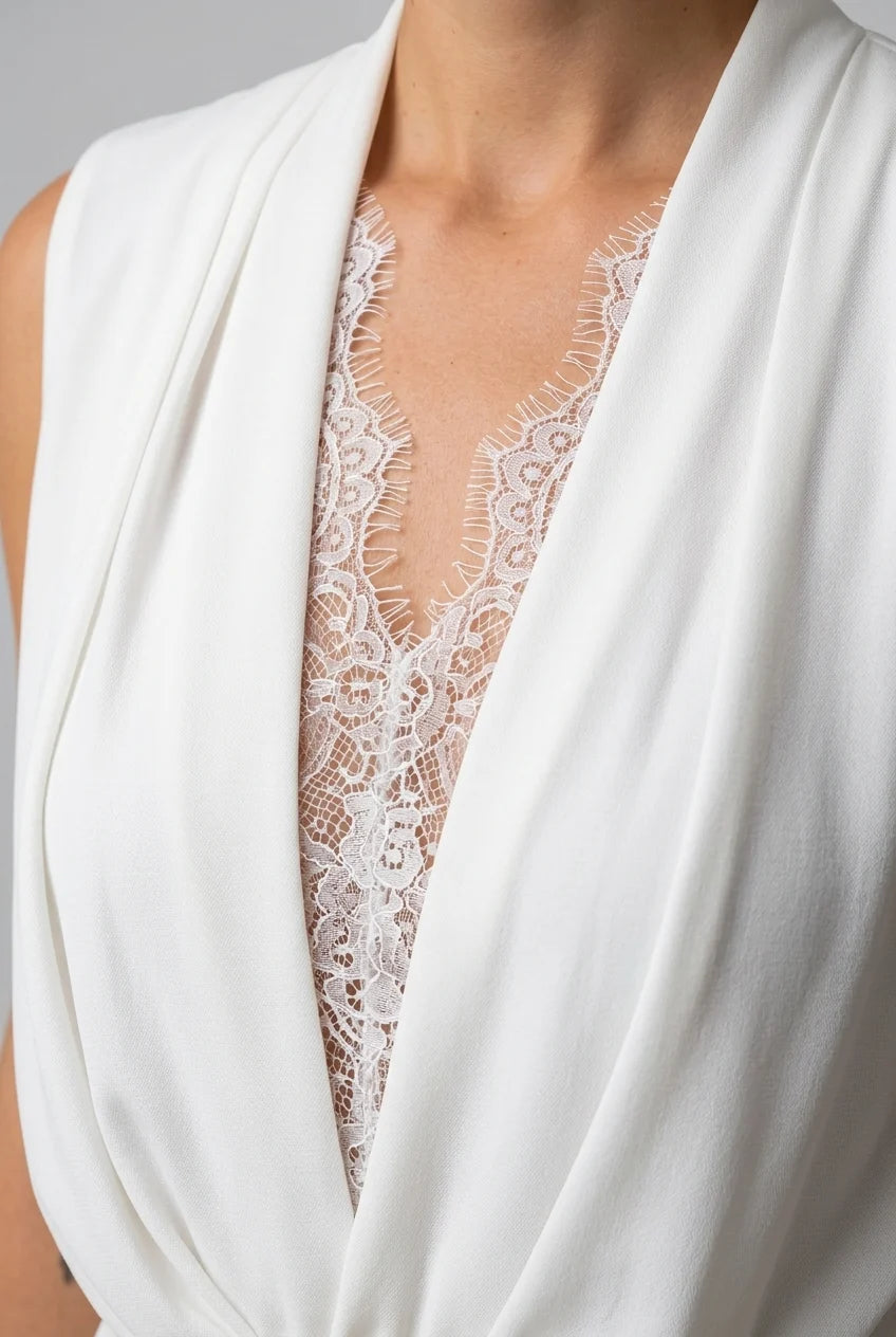 Sleeveless Deep V-Neck Lace Trim Pleated Maxi Dress in White [erp-image:9d44fa626409fdd271c537fa]