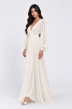 Deep V-Neck Long Sleeve Chiffon Ruched A-Line Maxi Wedding Dress [erp-image:794270d944e49ce040034719]