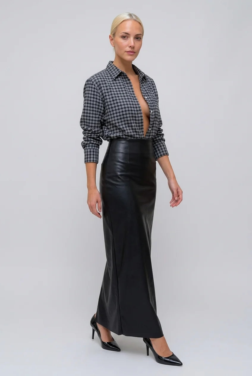 Plaid Long Sleeve Button-Down Shirt and Black Faux Leather Maxi Skirt Two Piece Set [erp-image:f156e042d72bdefeb7532e80]