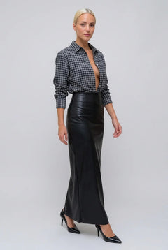 Plaid Long Sleeve Button-Down Shirt and Black Faux Leather Maxi Skirt Two Piece Set [erp-image:f156e042d72bdefeb7532e80]